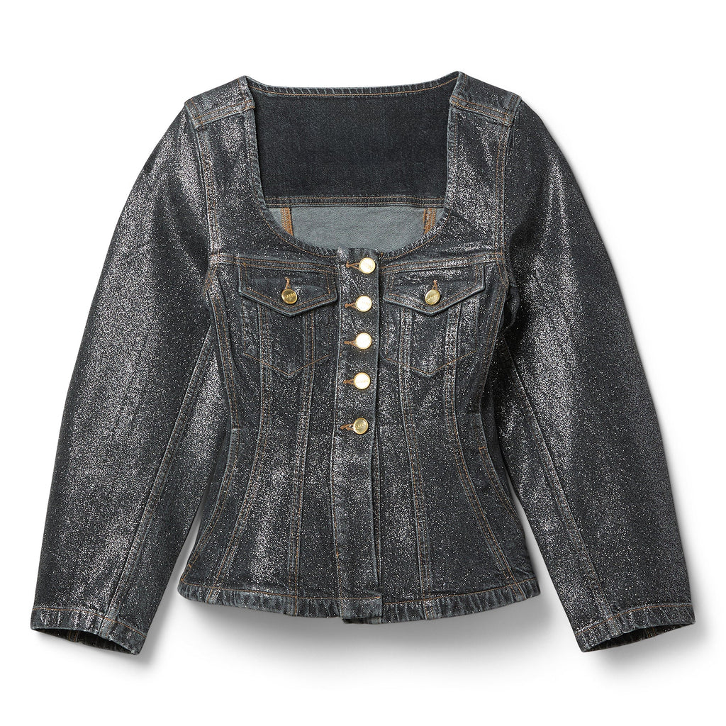 GANNI Shimmery Foil Denim Fitted Blazer (Washed Black/Black)