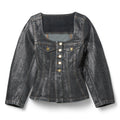 GANNI Shimmery Foil Denim Fitted Blazer (Washed Black/Black)