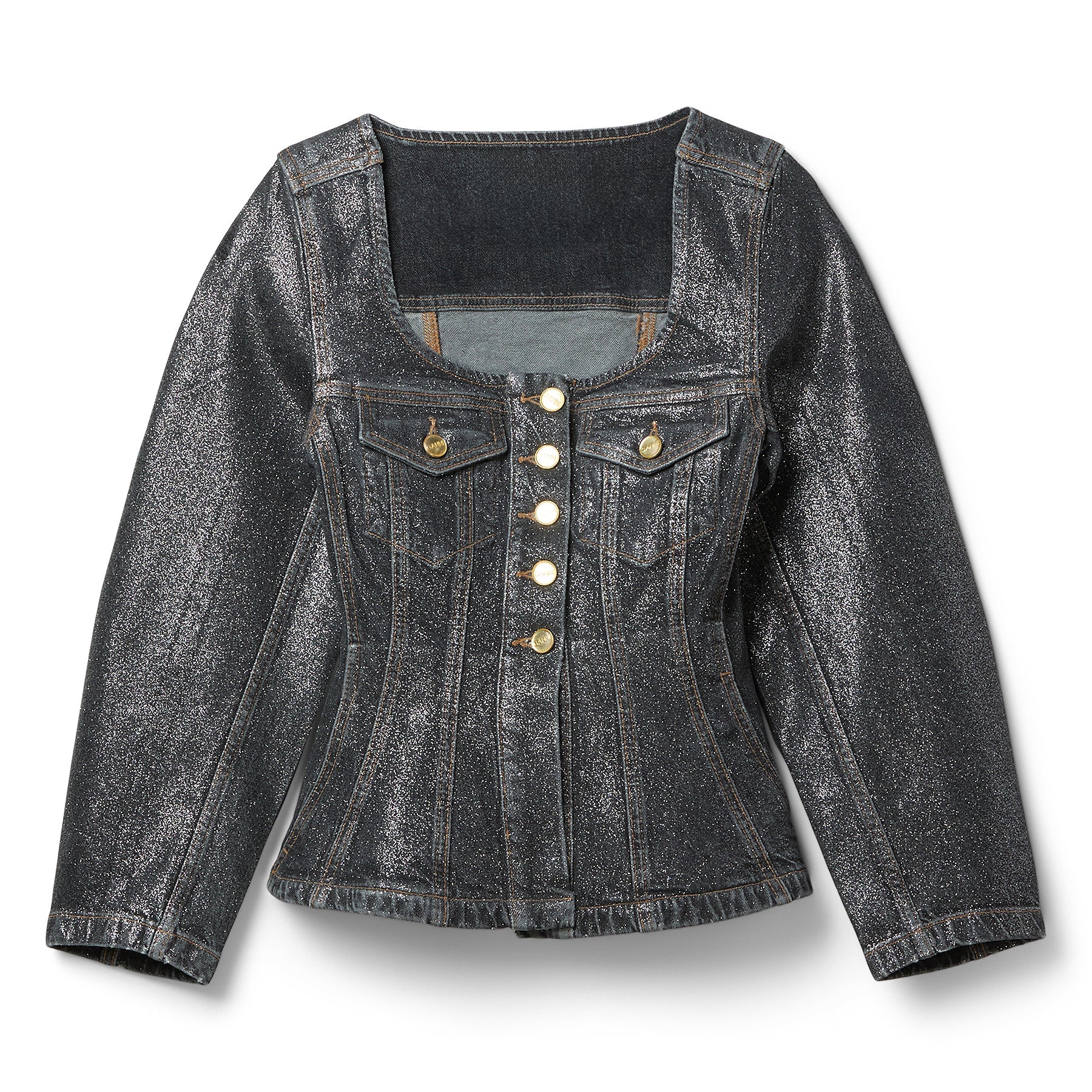 GANNI Shimmery Foil Denim Fitted Blazer (Washed Black/Black)