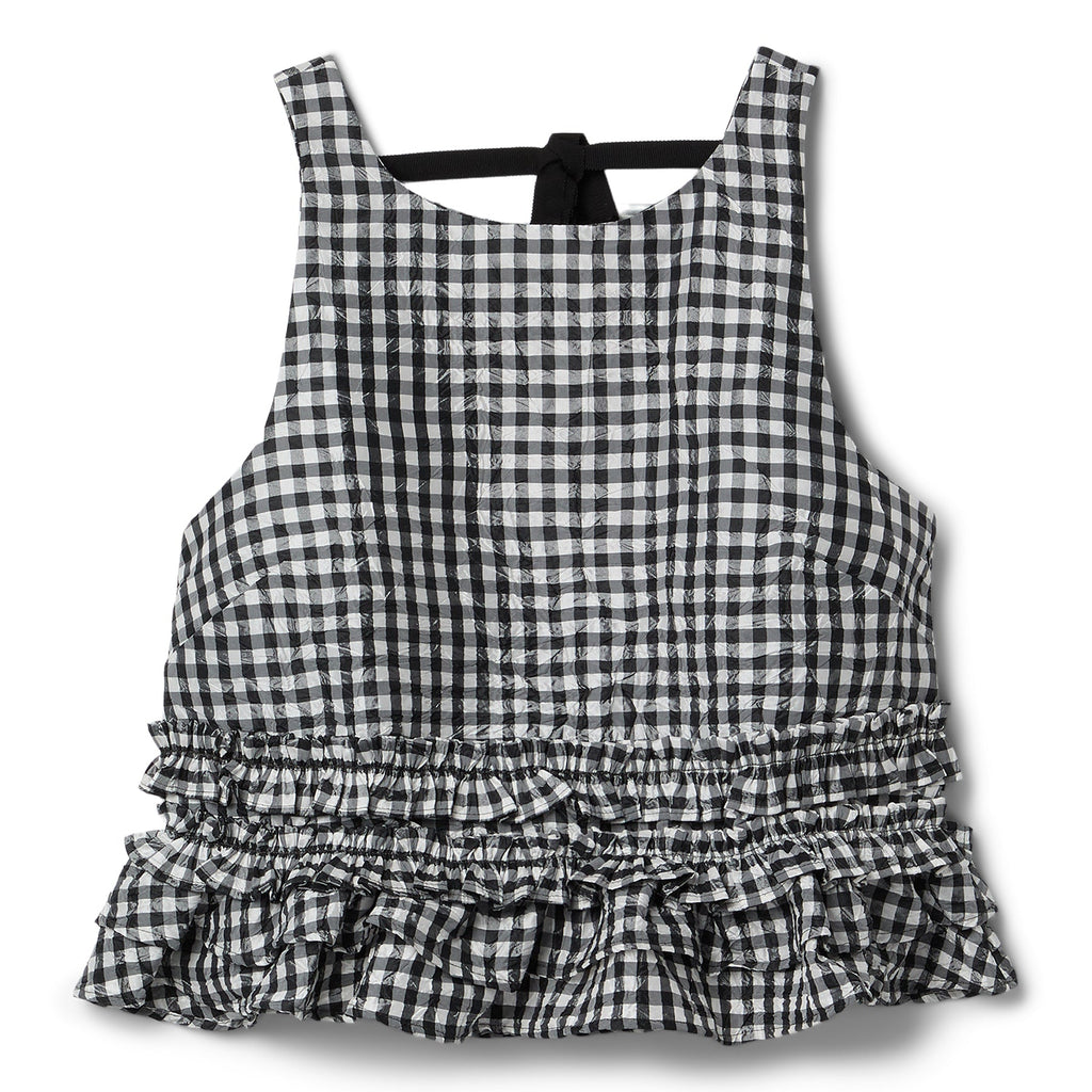 GANNI Crinkled Taffeta Check Open Back Frill Top (Black)
