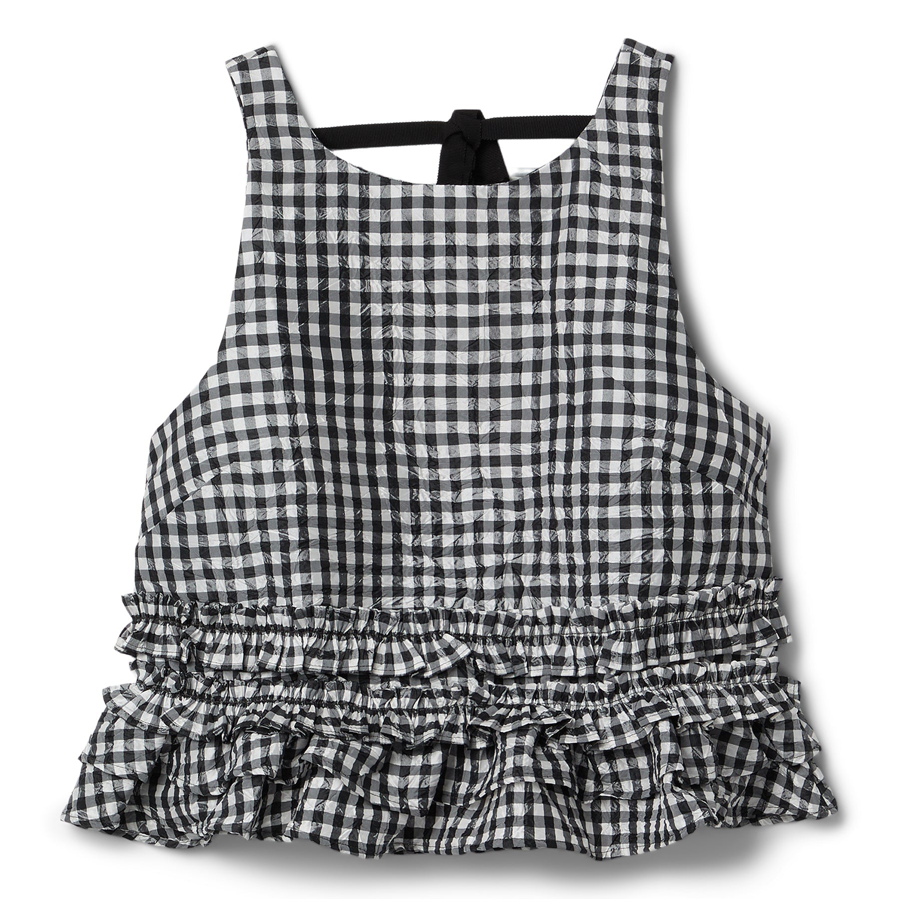 GANNI Crinkled Taffeta Check Open Back Frill Top (Black)