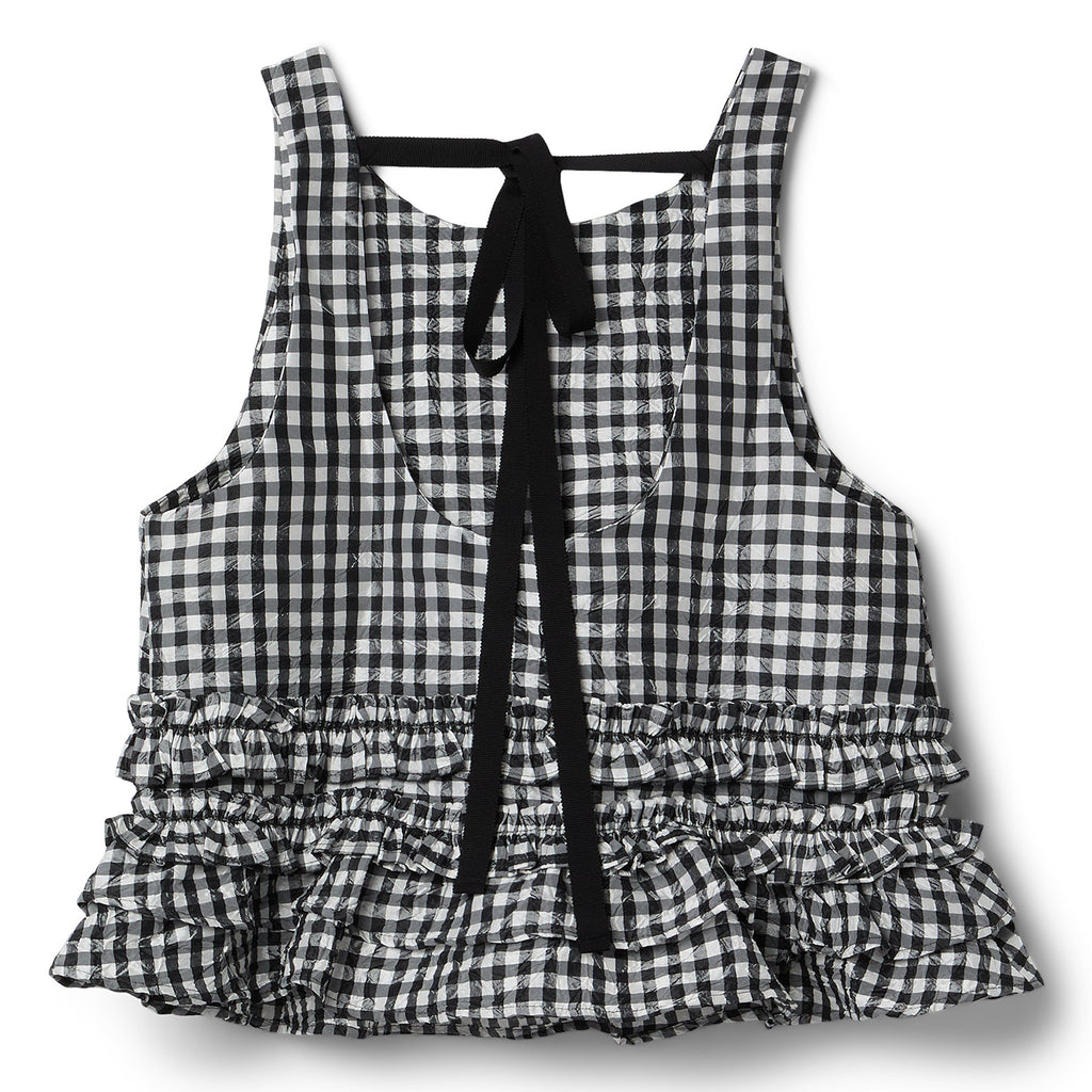 GANNI Crinkled Taffeta Check Open Back Frill Top (Black)