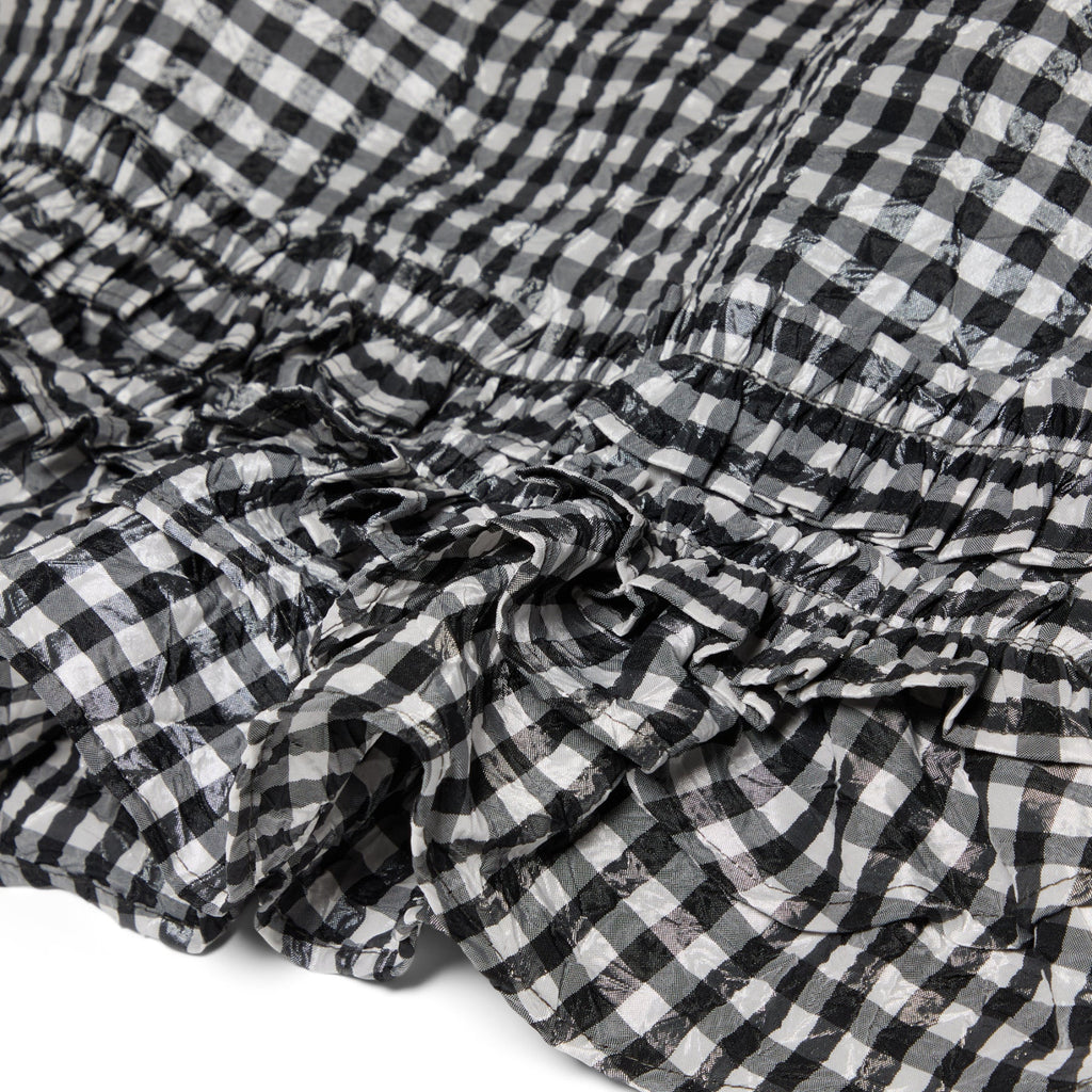 GANNI Crinkled Taffeta Check Open Back Frill Top (Black)