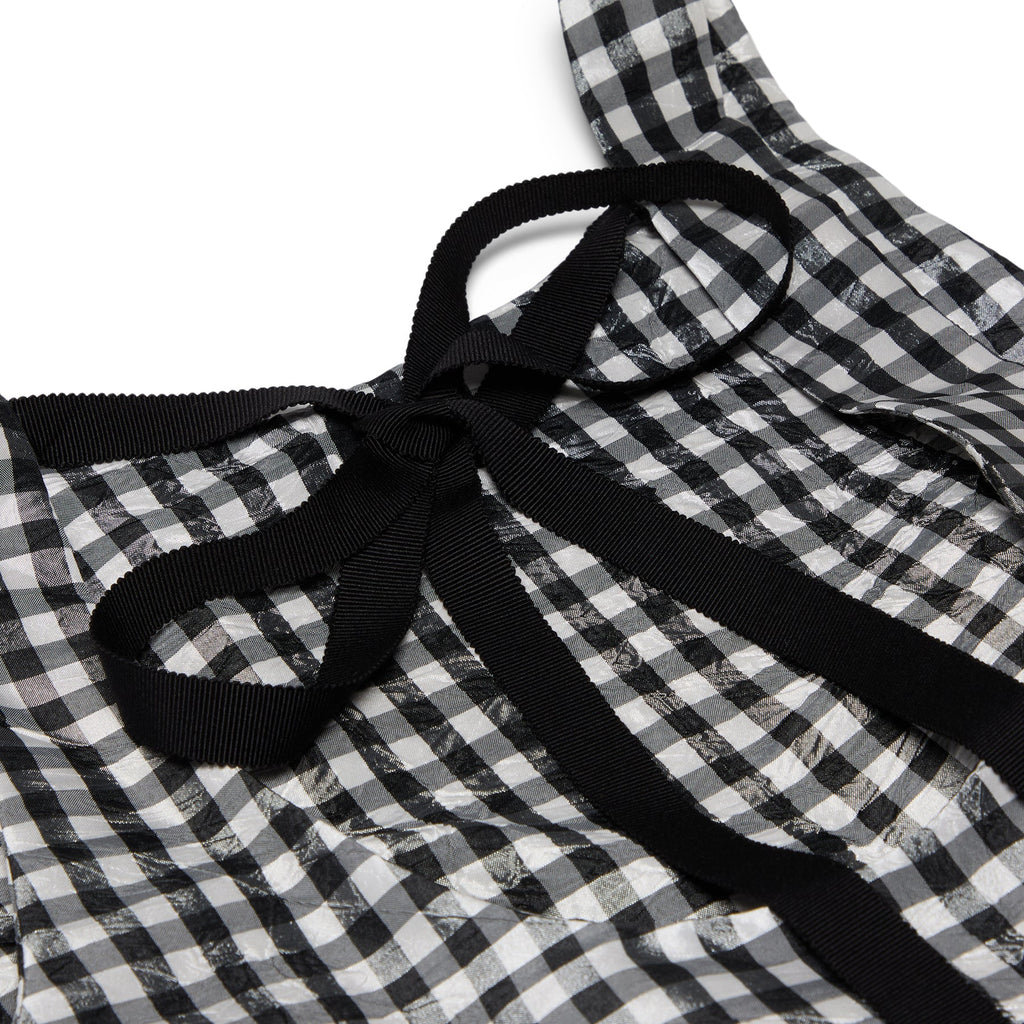 GANNI Crinkled Taffeta Check Open Back Frill Top (Black)
