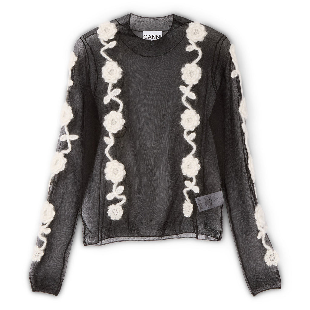 GANNI Sheer Flower Crochet Turtleneck (Black)