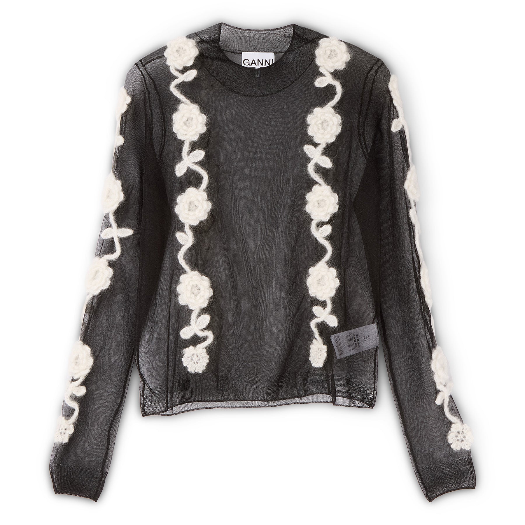 GANNI Sheer Flower Crochet Turtleneck (Black)