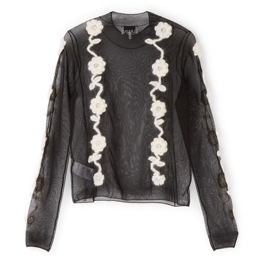 GANNI Sheer Flower Crochet Turtleneck (Black)