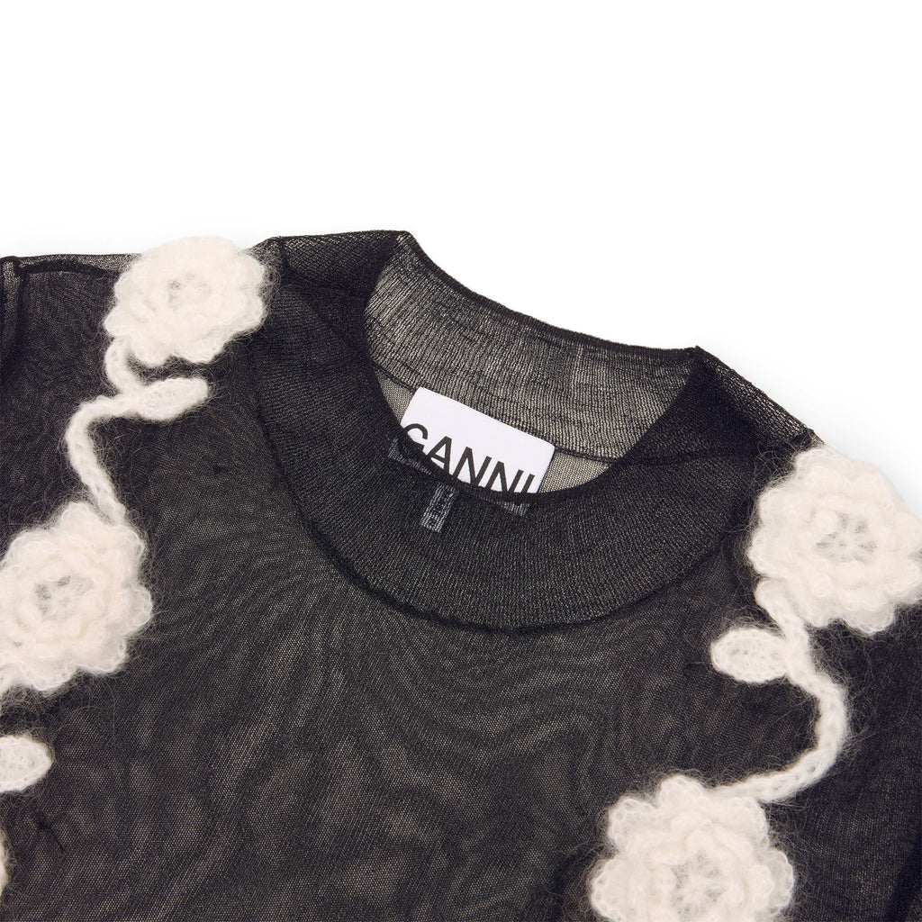 GANNI Sheer Flower Crochet Turtleneck (Black)