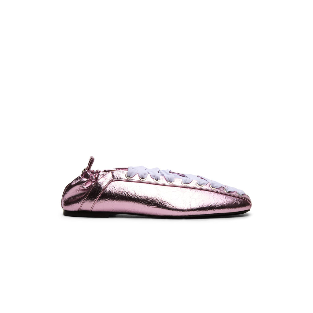 GANNI Eyelets Lace Up Ballerina Crinkle Metallic (Cameo Pink)
