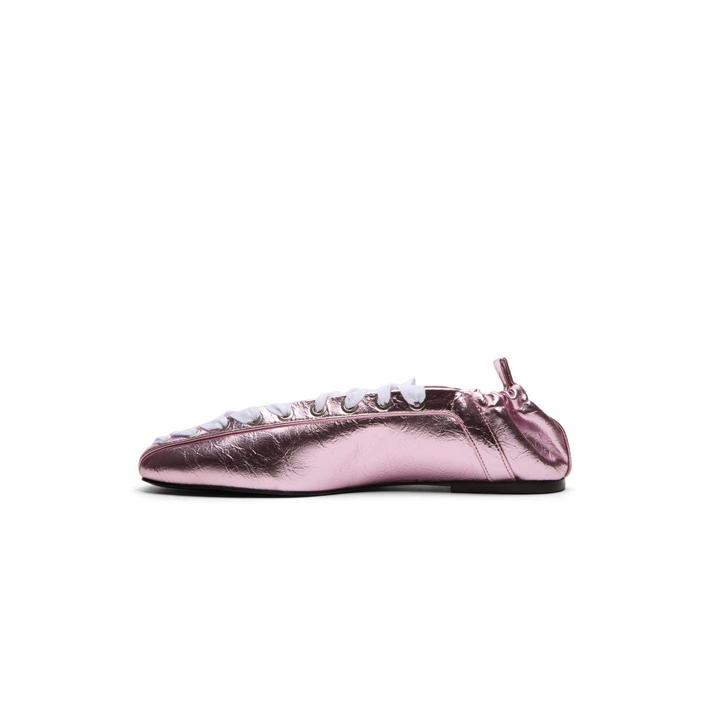 GANNI Eyelets Lace Up Ballerina Crinkle Metallic (Cameo Pink)
