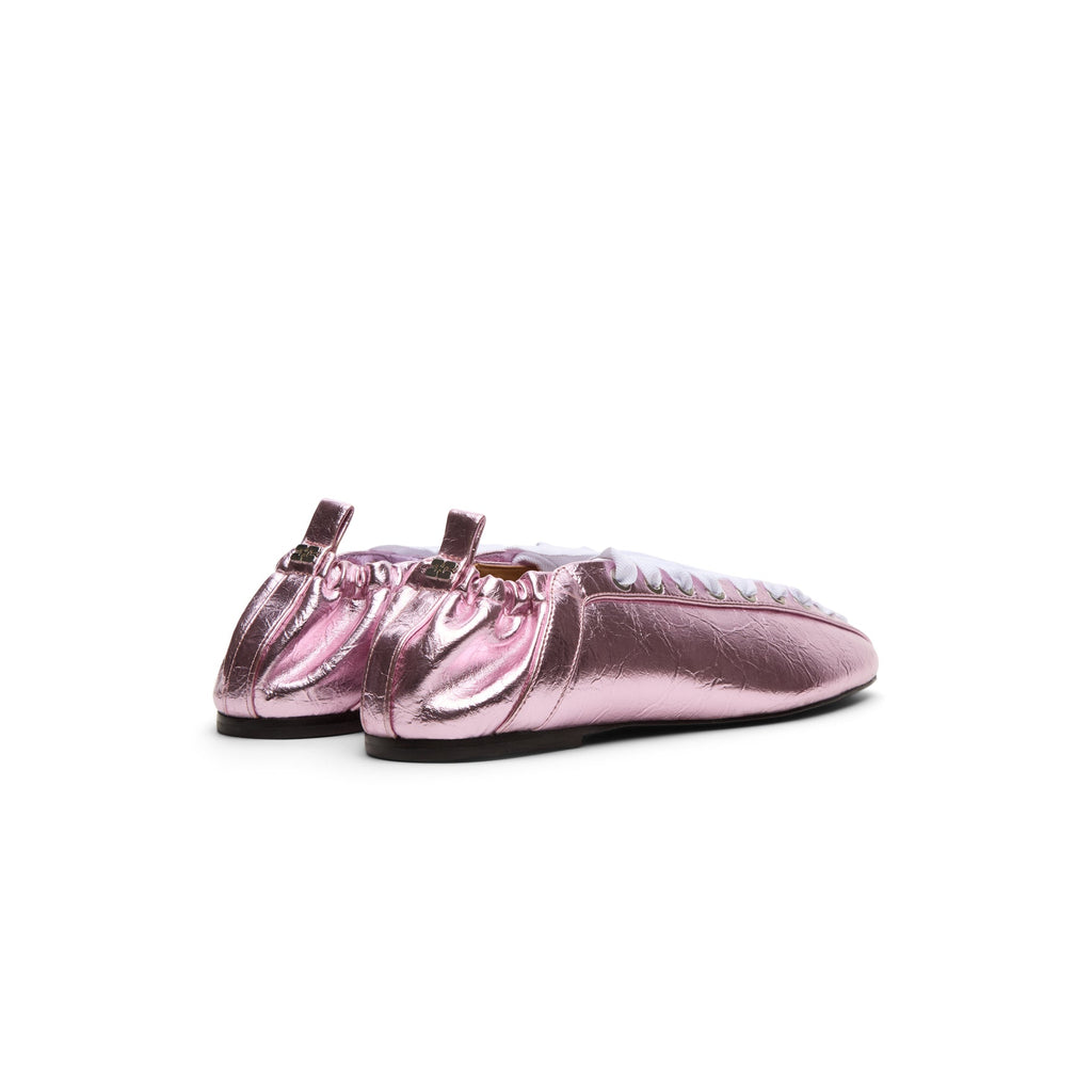 GANNI Eyelets Lace Up Ballerina Crinkle Metallic (Cameo Pink)