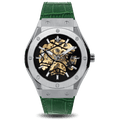 Prague Skeleton Automatic Deluxe - Silver + Green Leather Strap