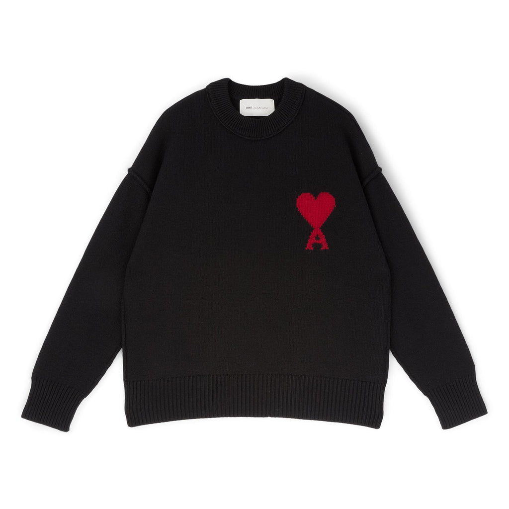 AMI Crewneck Sweater With Contrasted AMI De Coeur (Noir/Rouge)
